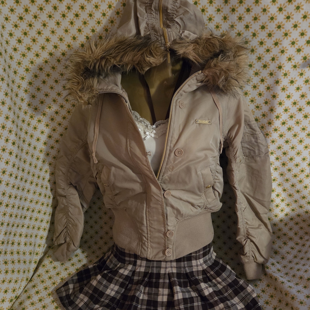 Y2K South Pole Women's Tan Bomber Puffer Jacket with Faux Fur Zip Hood - Picture 2 of 6